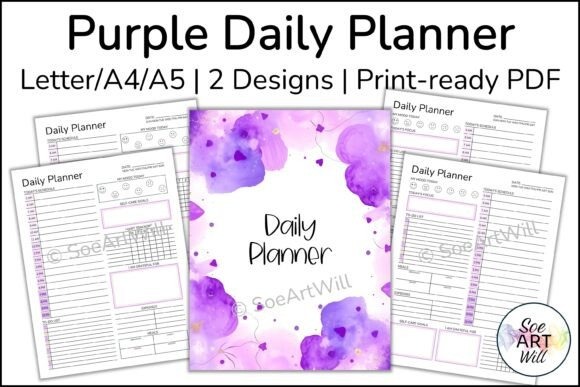 Purple daily planner templates with two designs and coordinating cover in A4, A5, and US Letter PDF — day planner templates
