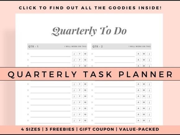 Quarterly task planner template with sections for QTR-1 and QTR-2 tasks and checkboxes for days of — goal planner template