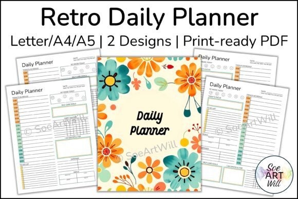 Retro daily planner template with floral cover and two printable designs in Letter, A4, and A5 sizes