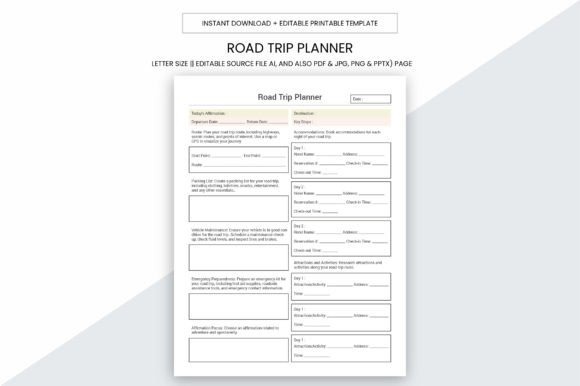 Trip planner template showing a detailed road trip planner form with sections for dates, destinations, accommodations, and