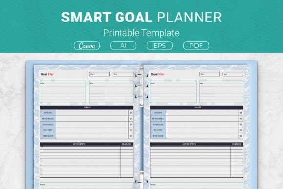 Goal planner template printable with SMART framework sections for goal, reason, action steps, and deadline