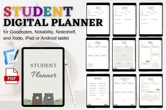 Goodnotes study planner template showing digital planner pages with clickable navigation, study planning, class schedules