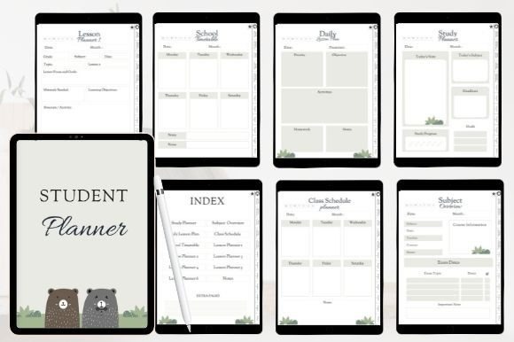 Goodnotes study planner template showing student planner cover, index, class schedule, daily and study lesson pages on