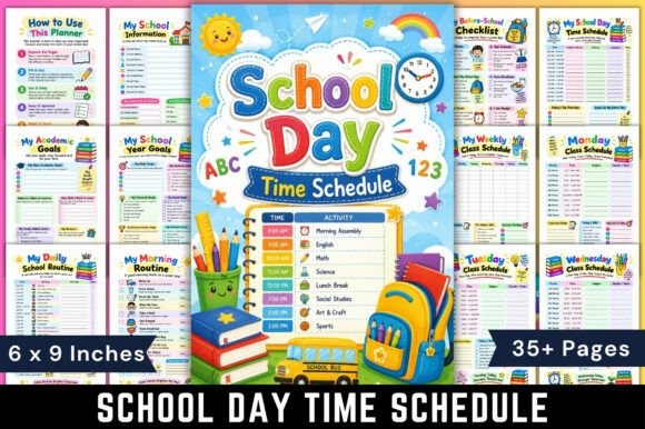School planner template showing colorful daily and weekly schedules, routines, and activities for students