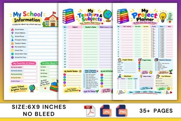 School planner template pages including My School Information, My Teachers & Subjects, and My Project Planner for organizing