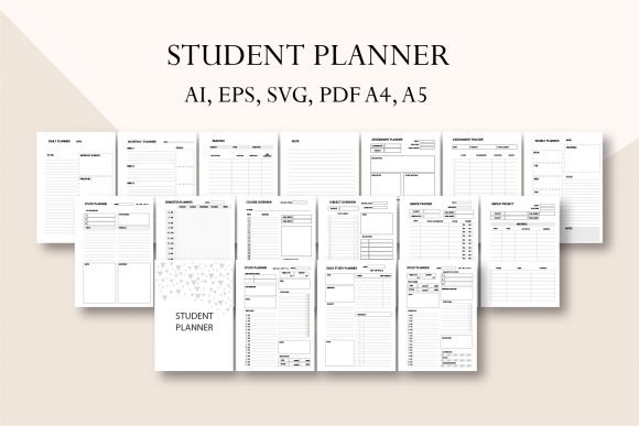School planner template showing multiple pages for study planning, assignments, grades, and weekly schedules in A4 and A5