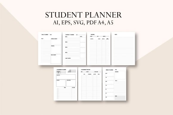 school planner template showing study planning, semesters, courses, assignments, weekly and daily planning pages in A4 and