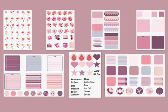 planner template designs with pink and purple themed stickers including flowers, notes, flags, hearts, and icons for