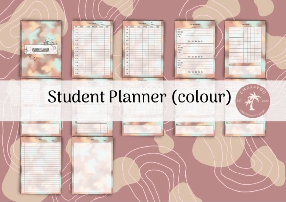 Goodnotes study planner template showing various student planner pages with schedules, notes, and calendars in pastel colors