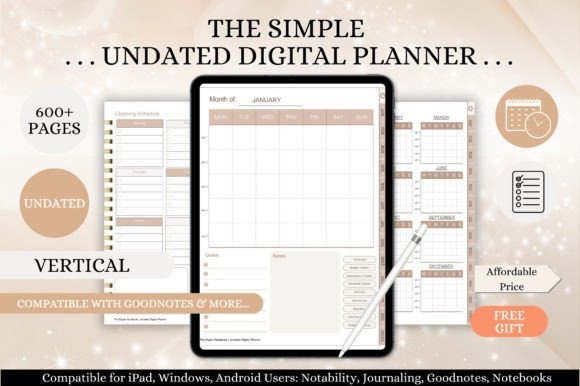 iPad planner template showing a vertical A4 undated digital planner with monthly calendar and household trackers