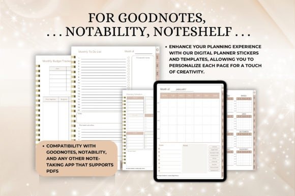 iPad planner template showing monthly budget tracker, to-do list, and daily planner pages compatible with GoodNotes and