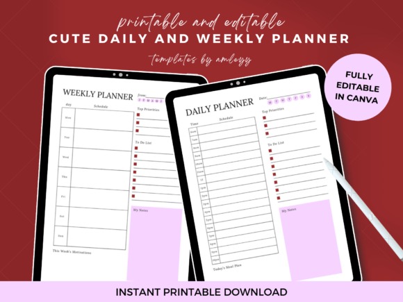 daily planner template showing editable weekly and daily planner pages with schedules, priorities, and notes sections