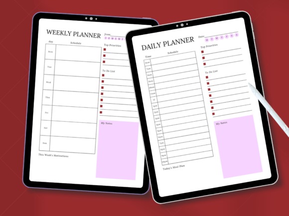 daily planner template showing weekly and daily schedule with priorities, to-do list, and notes sections on tablets