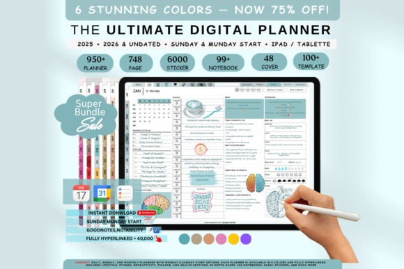 iPad planner template showing a digital calendar with multiple layouts, color themes, and integration icons