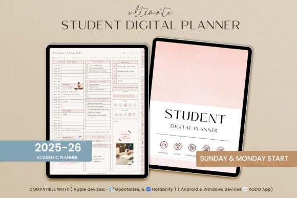 Student digital academic planner template displayed on two tablets showing daily schedule and cover — study planner template