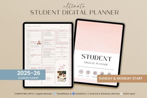 Goodnotes study planner template showing a 2025-26 academic planner with daily schedule and a student digital planner cover