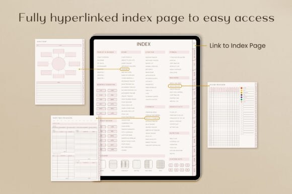 Goodnotes study planner template showing a fully hyperlinked index page on a tablet with surrounding study planning pages