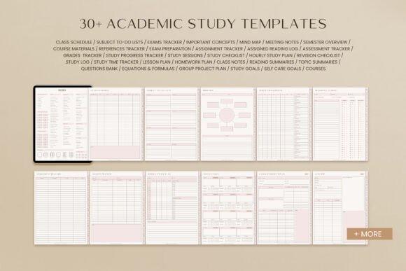study planner template showing 30+ academic study templates including schedules, trackers, notes, and planners