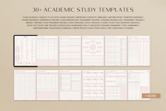 Goodnotes study planner template showing over 30 academic study templates including schedules, trackers, and notes