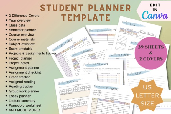 School planner template showing editable student planner pages for classes, assignments, projects, and schedules in Canva