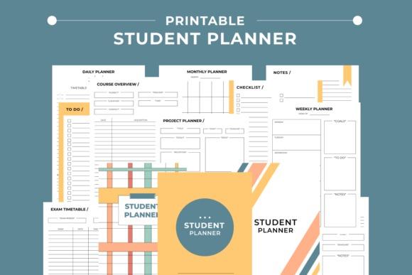 study planner template showing daily, weekly, monthly planners, course overview, project planner, exam timetable