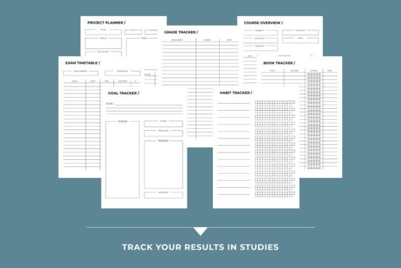 study planner template pages including project planner, grade tracker, course overview, exam timetable, goal tracker, habit