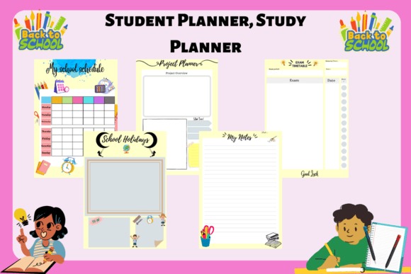 Goodnotes study planner template showing school schedule, project planner, exam tracker, holiday calendar, notes, and goal