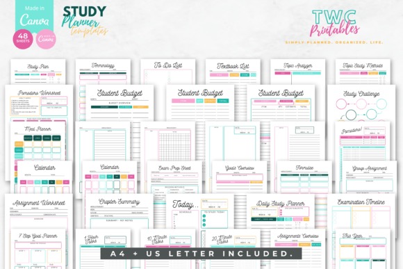 exam planner template with 48 colorful study planning sheets including calendars, budgets, assignments, and revision tools