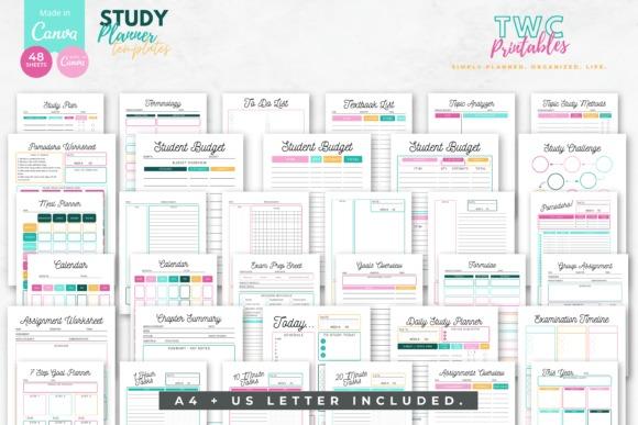 Colorful study planner template pages including calendars, budget sheets, checklists, and assignment trackers in Canva format