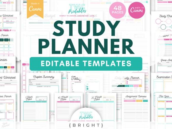 Colorful study planner template with editable pages for exams, assignments, classes, and checklists in Canva