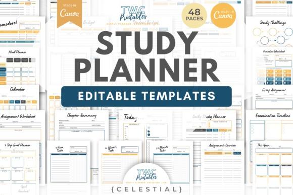 Editable planner templates study planner with celestial theme showing daily, weekly, assignment, exam, and goal tracking