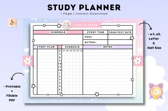 Goodnotes study planner template showing schedule, study time, exam date, goals, and notes in a printable and fillable PDF