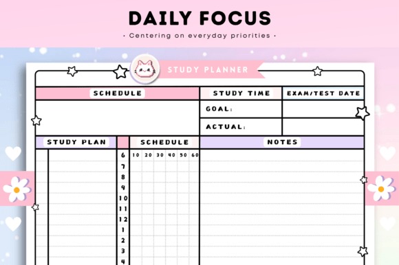 Goodnotes study planner template with daily focus layout including schedule, study time, goals, and notes sections