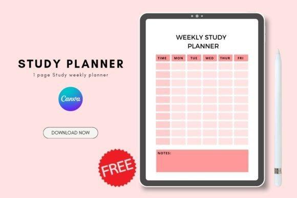Weekly planner template showing a study planner with days Monday to Friday and time slots on a tablet screen