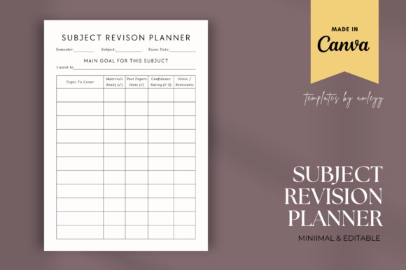 Subject revision planner template for organizing exam topics, goals, progress, and deadlines in an — exam planner template