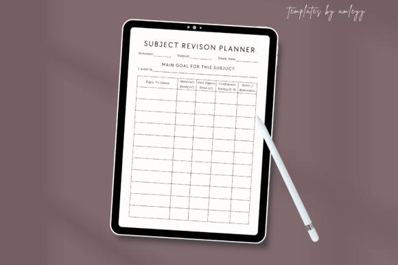 Subject revision planner template on a tablet with a stylus showing topic tracking and goals for — study planner template