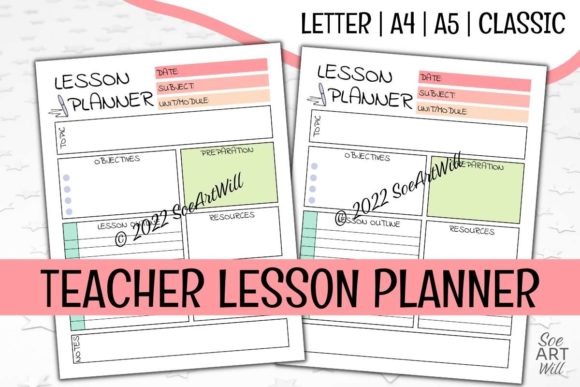 Teacher planner templates showing lesson planner pages with date, subject, objectives, and resources fields in multiple sizes