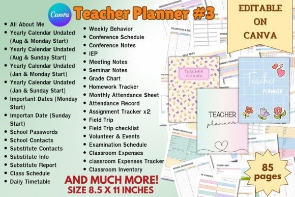 Editable teacher planner templates on Canva with pages for schedules, contacts, attendance, and lesson tracking