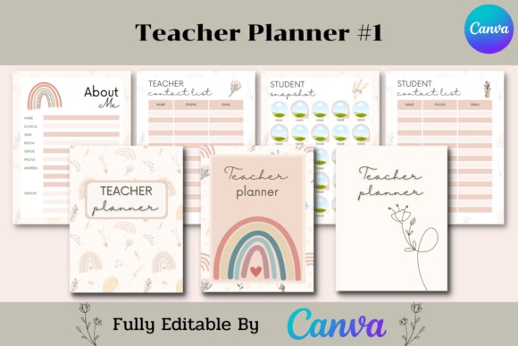 Teacher planner templates showing editable pages including About Me, contact lists, and student snapshots with pastel