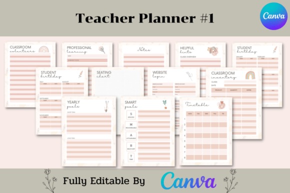Teacher planner templates showing editable lesson plans, student lists, seating charts, and schedules in soft pink and beige