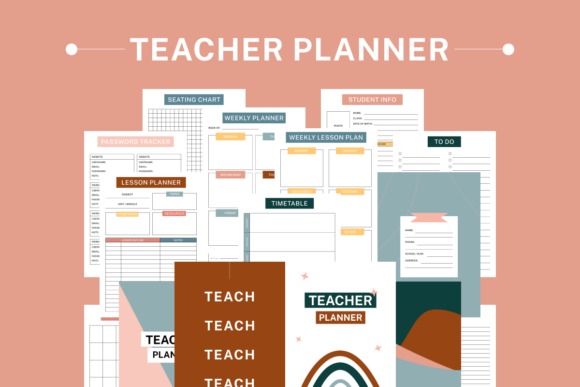Teacher planner templates showing various organizational pages like lesson planner, seating chart, timetable, and student