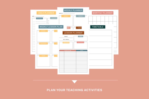 Teacher planner templates showing daily, weekly, monthly, lesson planners and timetable pages for organizing teaching