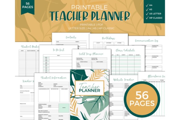 Teacher planner templates printable with 56 pages including lesson plans, schedules, grades, and communication logs