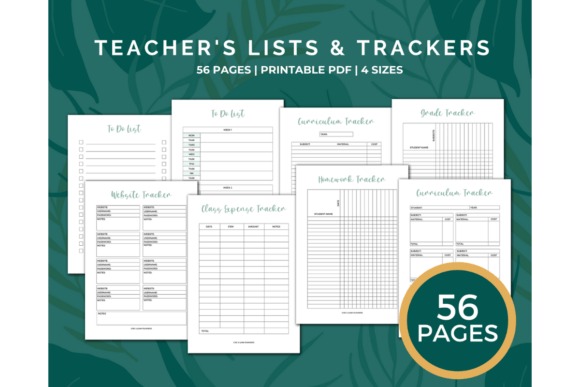 Teacher planner templates showing lists and trackers including to-do list, curriculum tracker, grade tracker, and expense