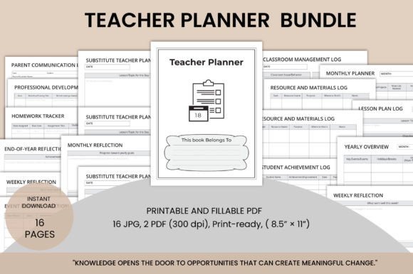 Teacher planner templates bundle showing various logs and planners for classroom management and lesson planning
