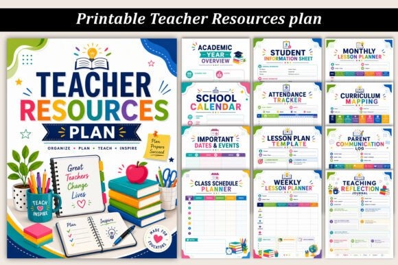 Teacher planner templates showing printable pages for organizing classroom routines, lesson plans, attendance, and
