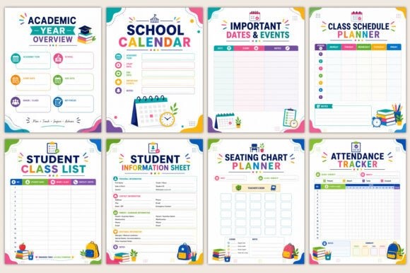 Teacher planner templates showing academic year overview, school calendar, important dates, class schedule, student lists