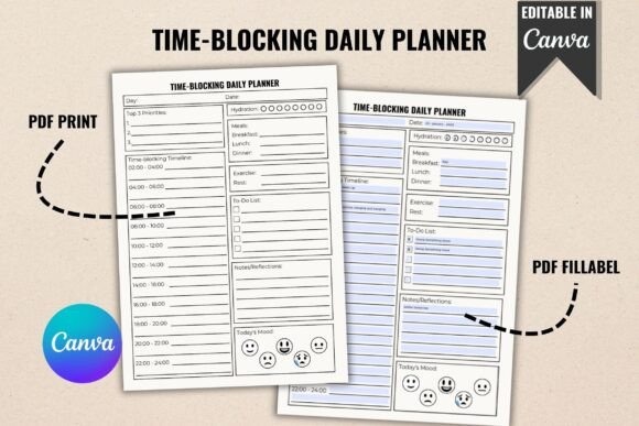 day planner templates showing time-blocking daily planner in editable Canva, printable PDF, and fillable PDF formats