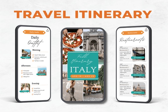 Trip planner template showing a digital travel itinerary with daily outfit, full itinerary for Italy, and restaurant details