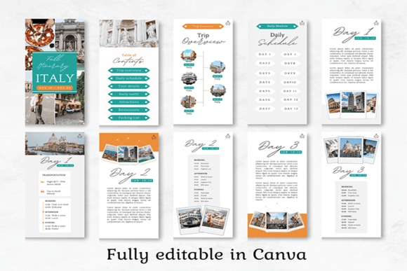 Trip planner template showing a modern travel itinerary with daily schedules, trip overview, and editable design in Canva